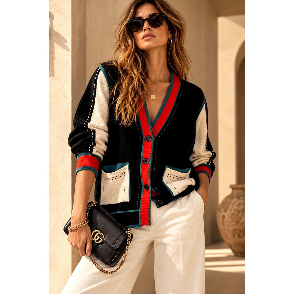 Colorblock Knit Cardigan Sweater Large